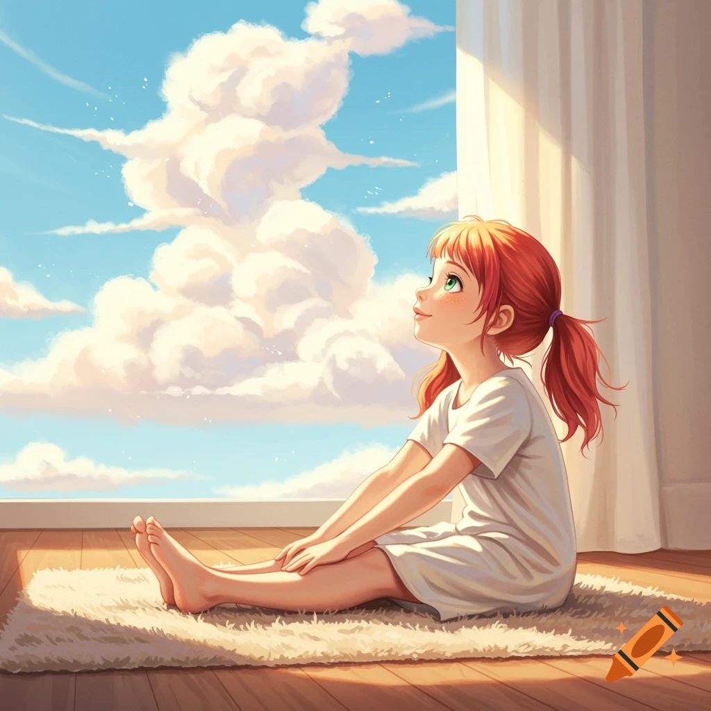 A red-haired girl with pigtails sits indoors by a window, looking up at the sky and clouds in an anime style.