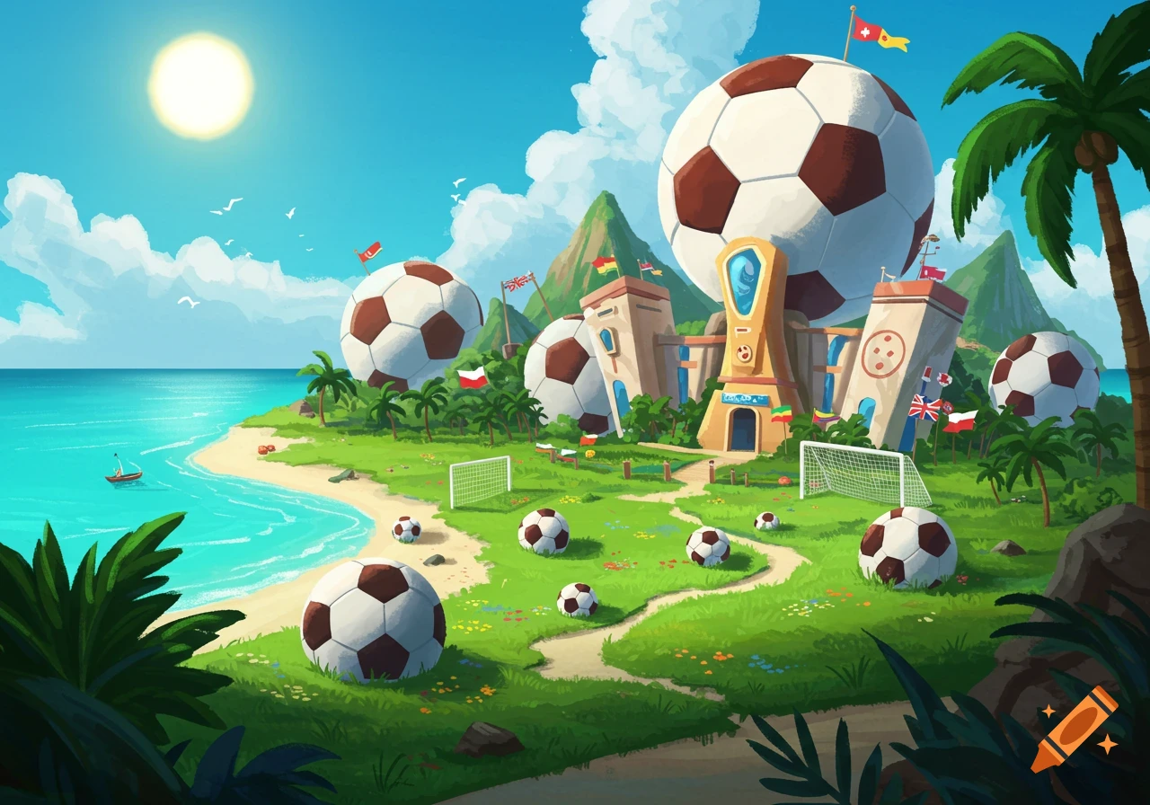 Stylized illustration of a tropical island with giant soccer balls, soccer goals, and soccer-themed buildings under a sunny sky.