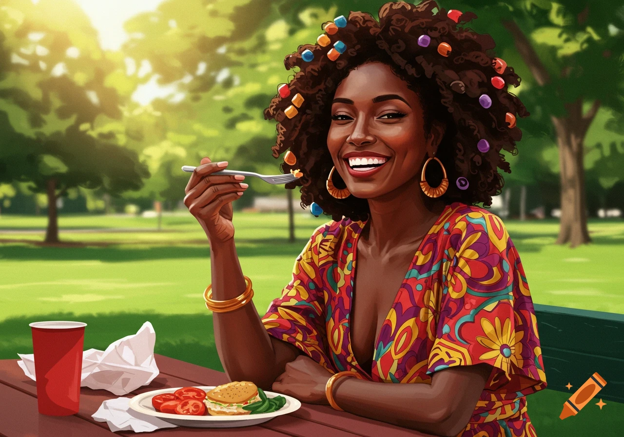 A black woman with beads in her hair smiles while eating a meal outdoors.