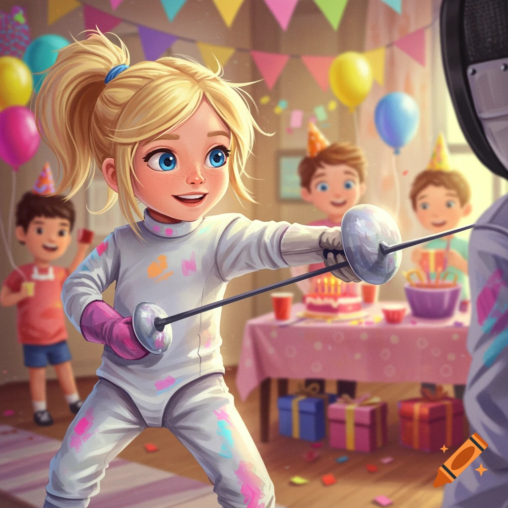 Young blonde girl fencing at a birthday party with other children in cartoon style