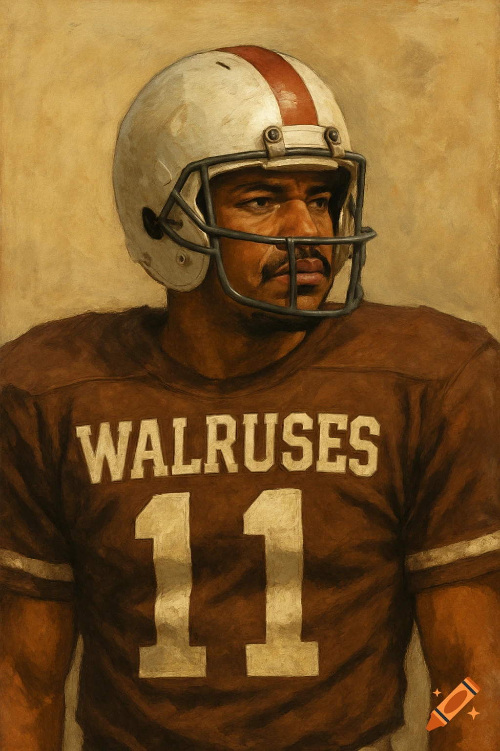 Painting of an American football player in a brown jersey with 'WALRUSES' and the number 11 on it.