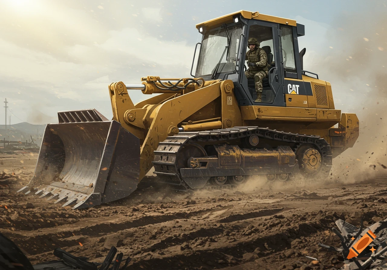 Soldier driving a yellow bulldozer at a construction site.