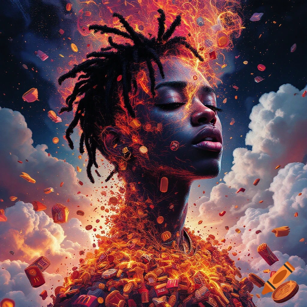 Person with dreadlocks surrounded by fire and fast food against a cloudy sky.