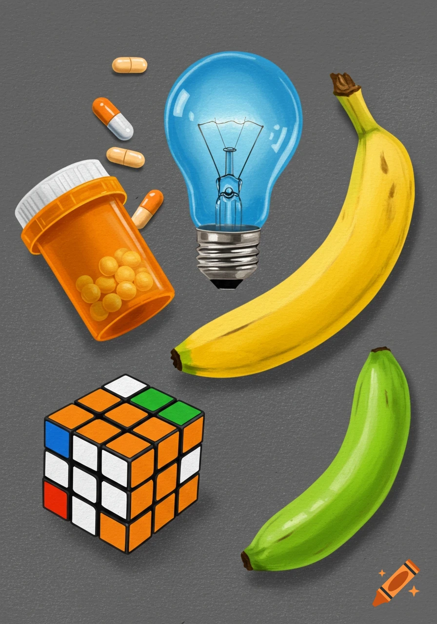 An illustration of a Rubik's cube, blue lightbulb, orange pill bottle with pills, yellow banana, and green banana arranged on a grey background.