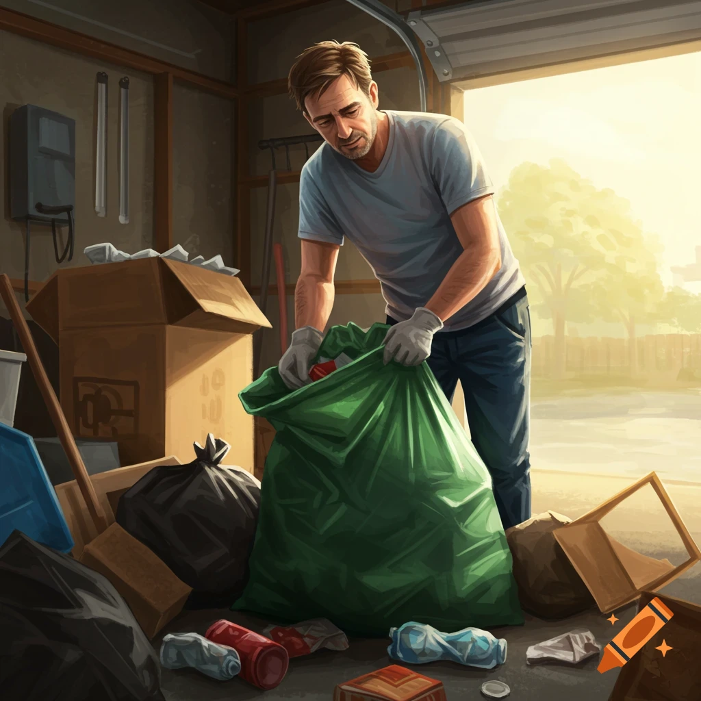 A man wearing gloves puts trash into a large green bag in a cluttered garage.
