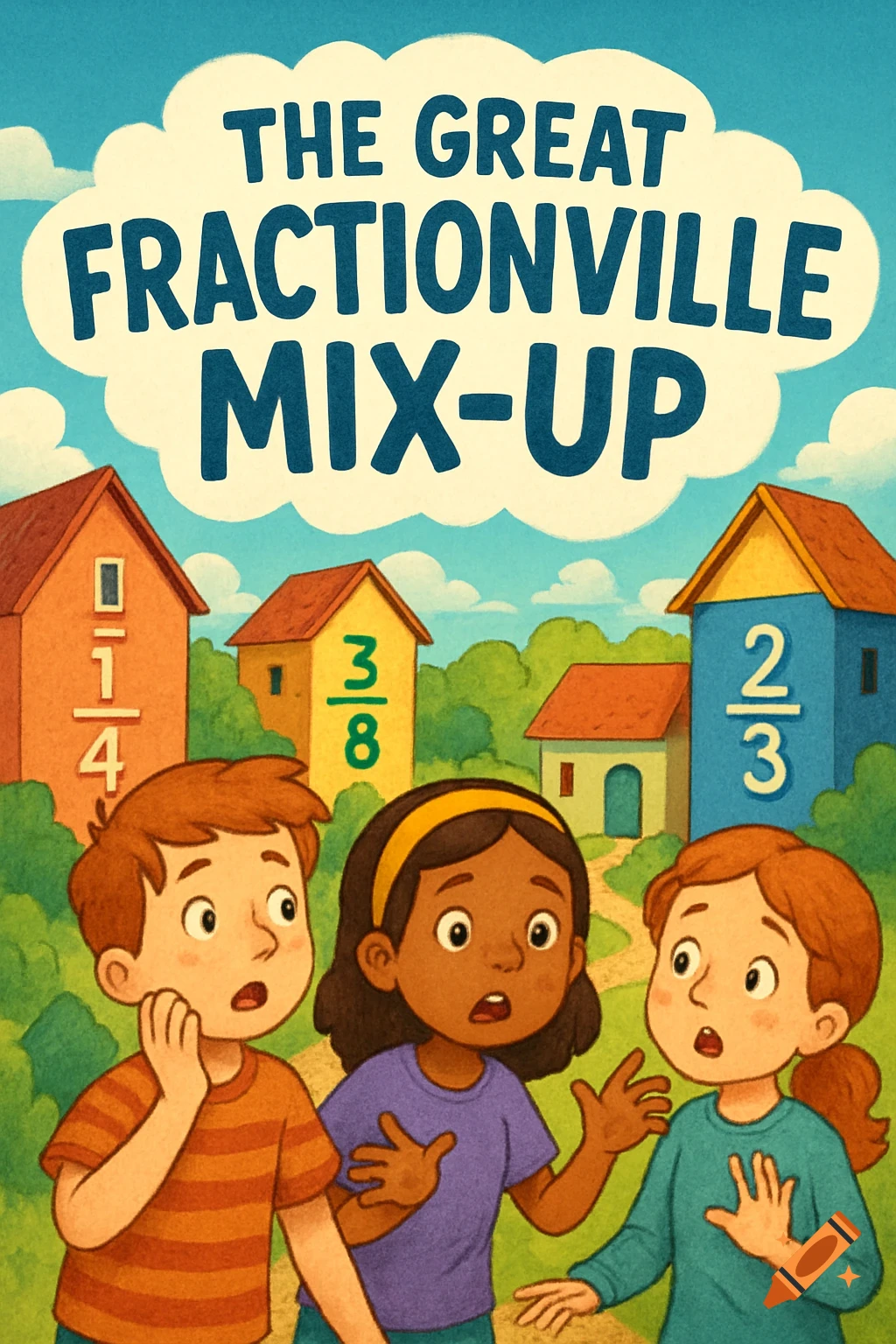A children's book cover illustration showing three children looking surprised in front of houses with fractions on them, with the title The Great Fractionville Mix-Up.
