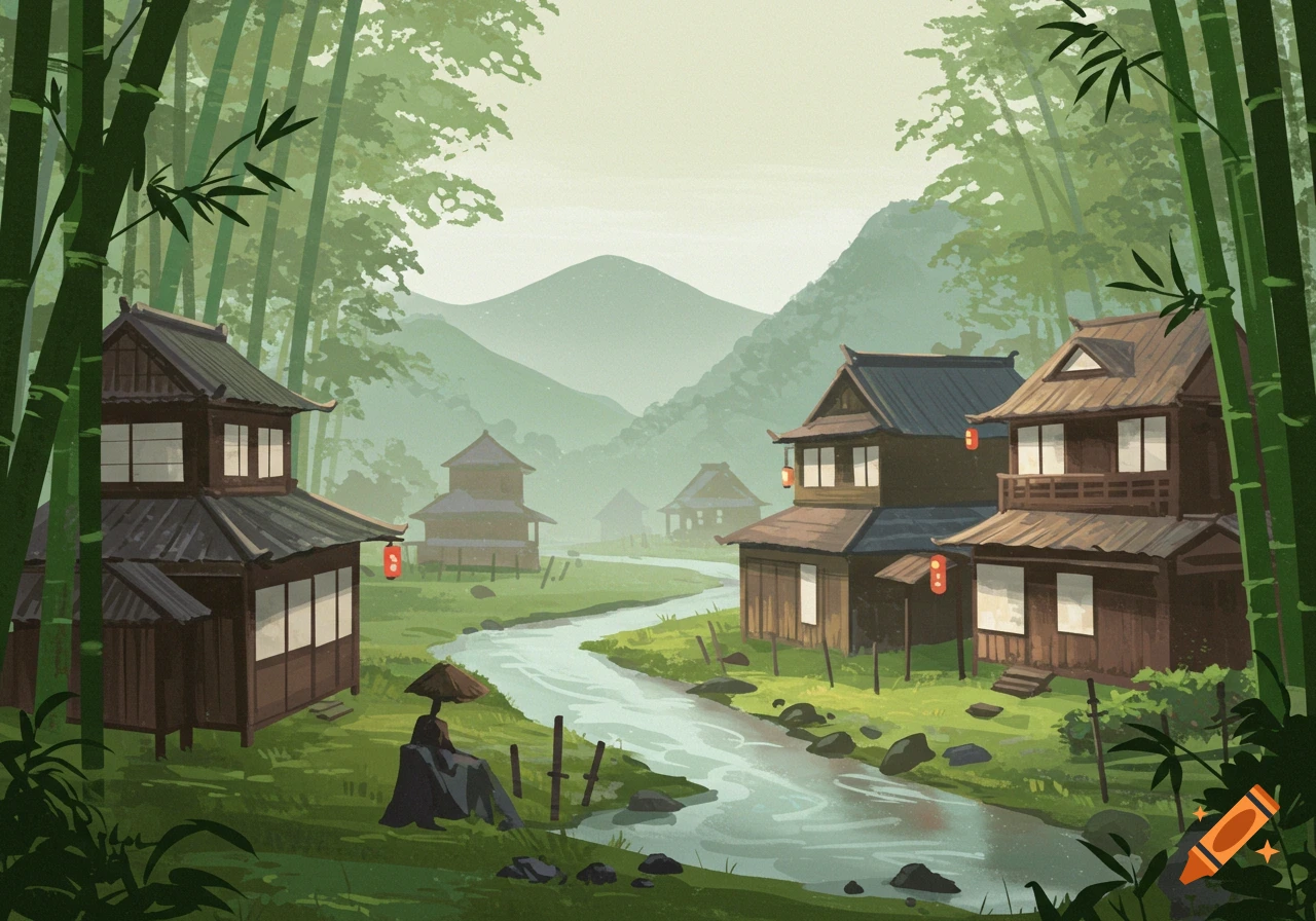 Illustration of traditional Japanese houses by a river in a bamboo forest with mountains