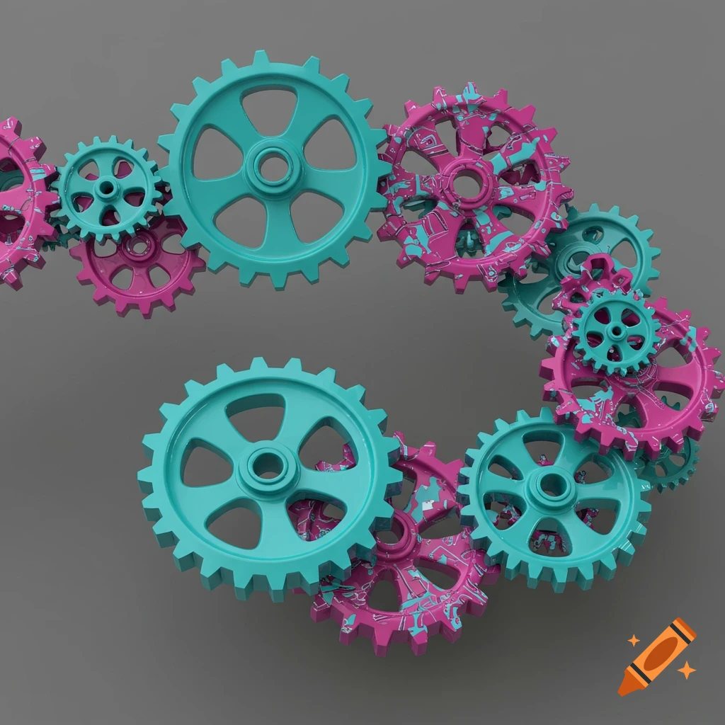 A chain of interlocking turquoise and pink gears on a gray background.