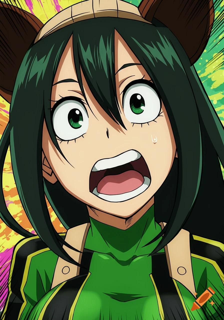 Close-up anime portrait of Tsuyu Asui with her mouth open