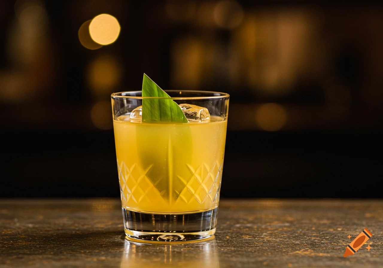 Cocktail with ice and banana leaf garnish in an old fashioned glass on a bar