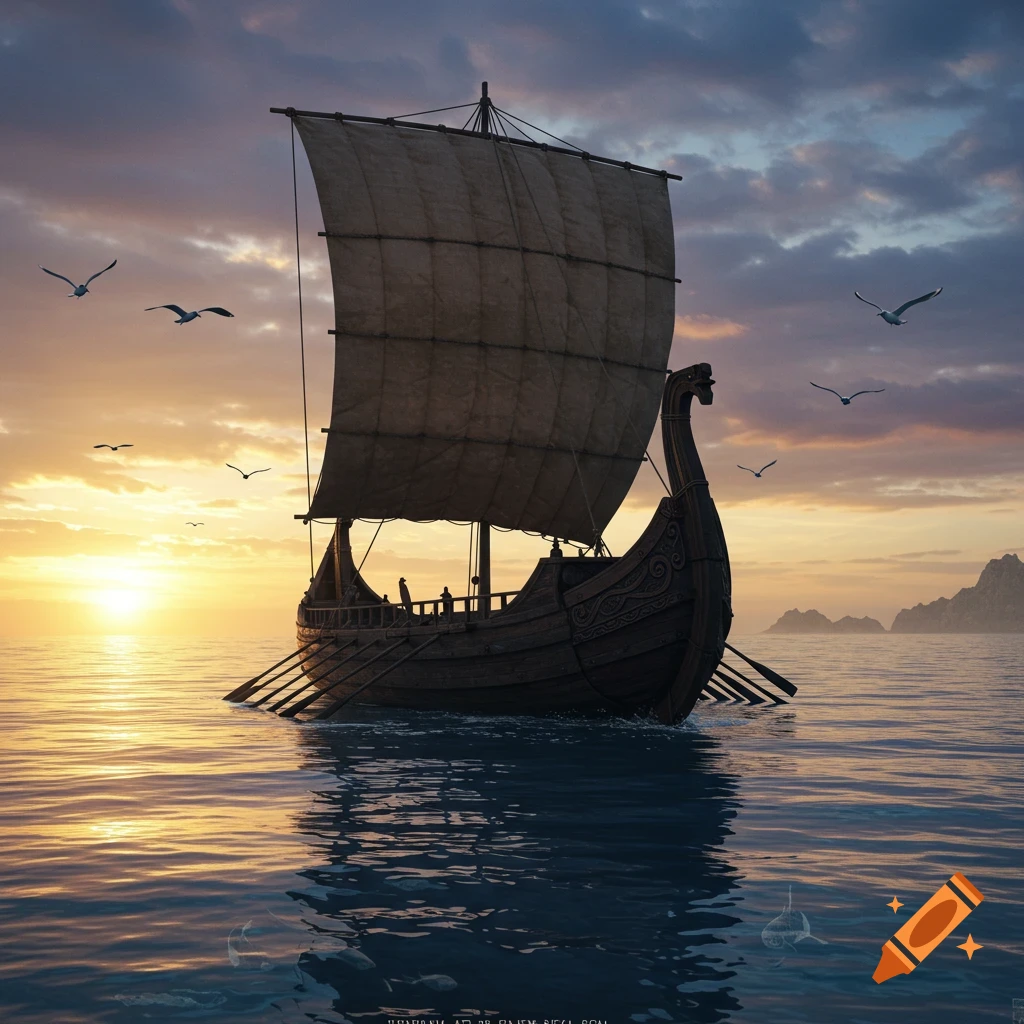 Viking ship sailing on calm sea at sunset with seagulls.