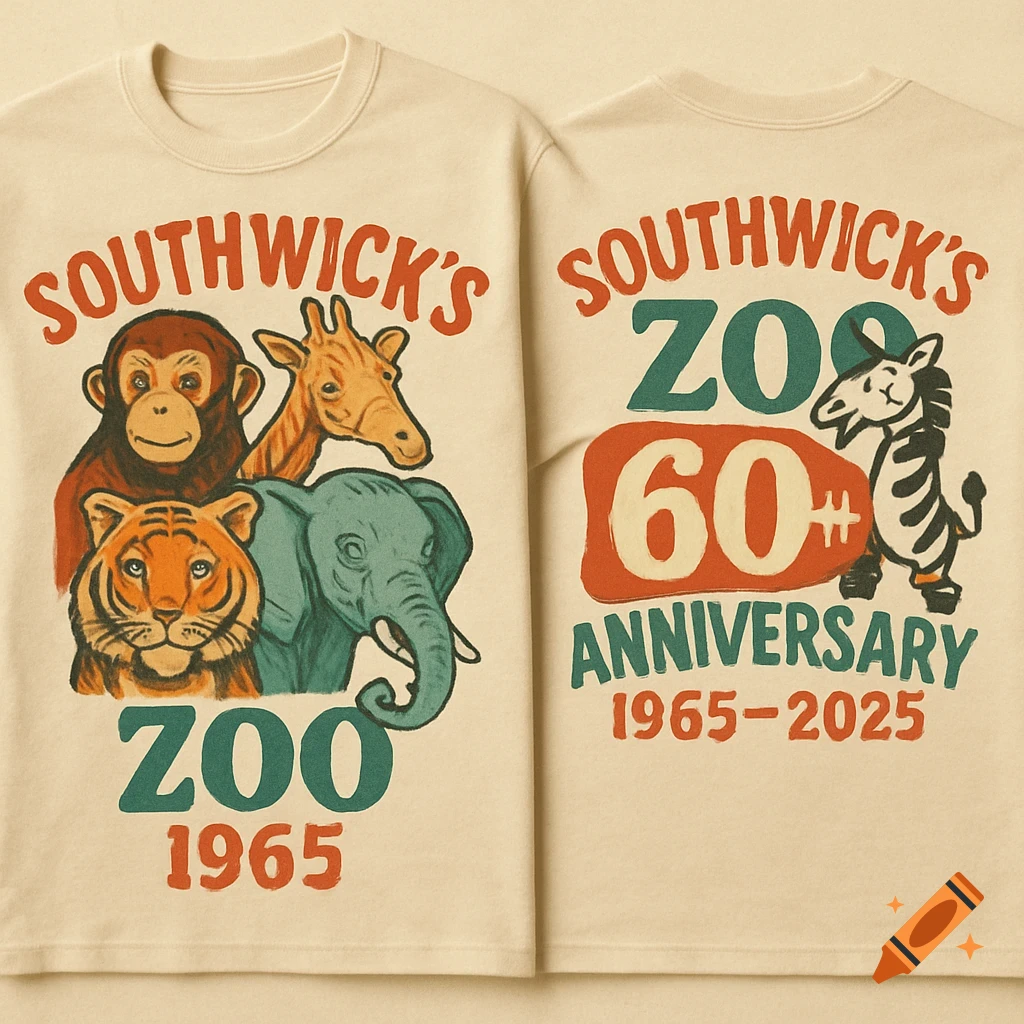 Retro Southwick's Zoo anniversary t-shirt graphic with monkey, giraffe, tiger, elephant, and zebra illustrations.