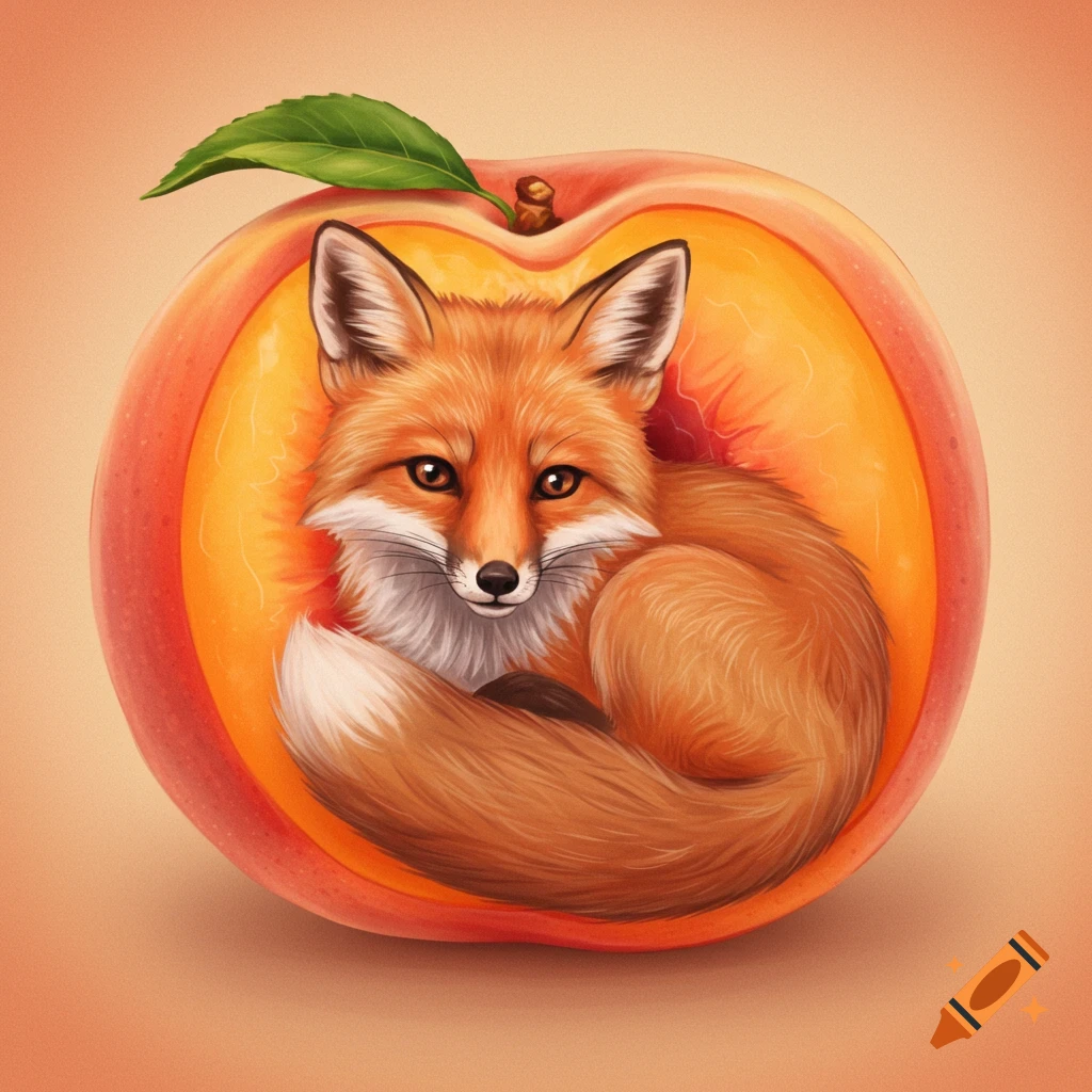 A red fox curled up inside a sliced peach.