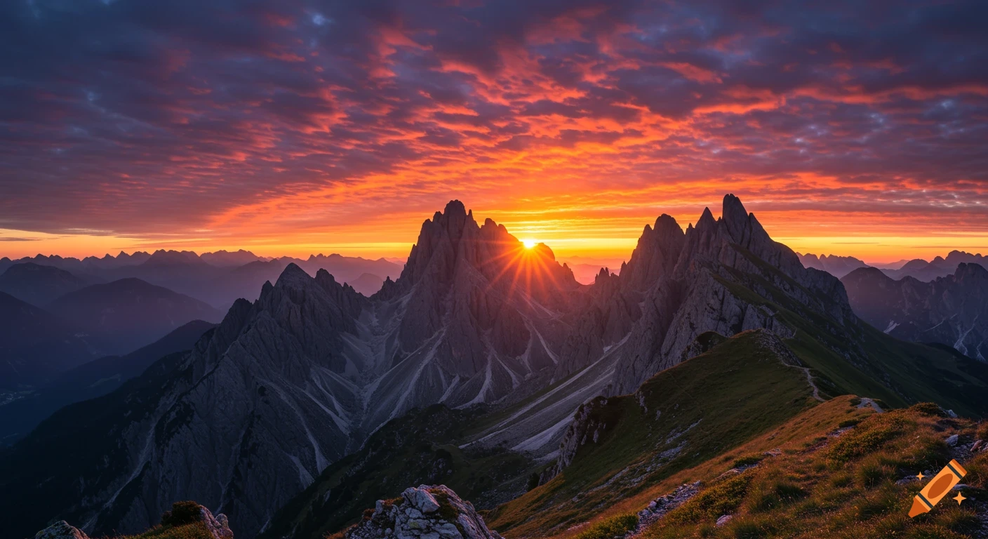 Sunrise over jagged mountains.