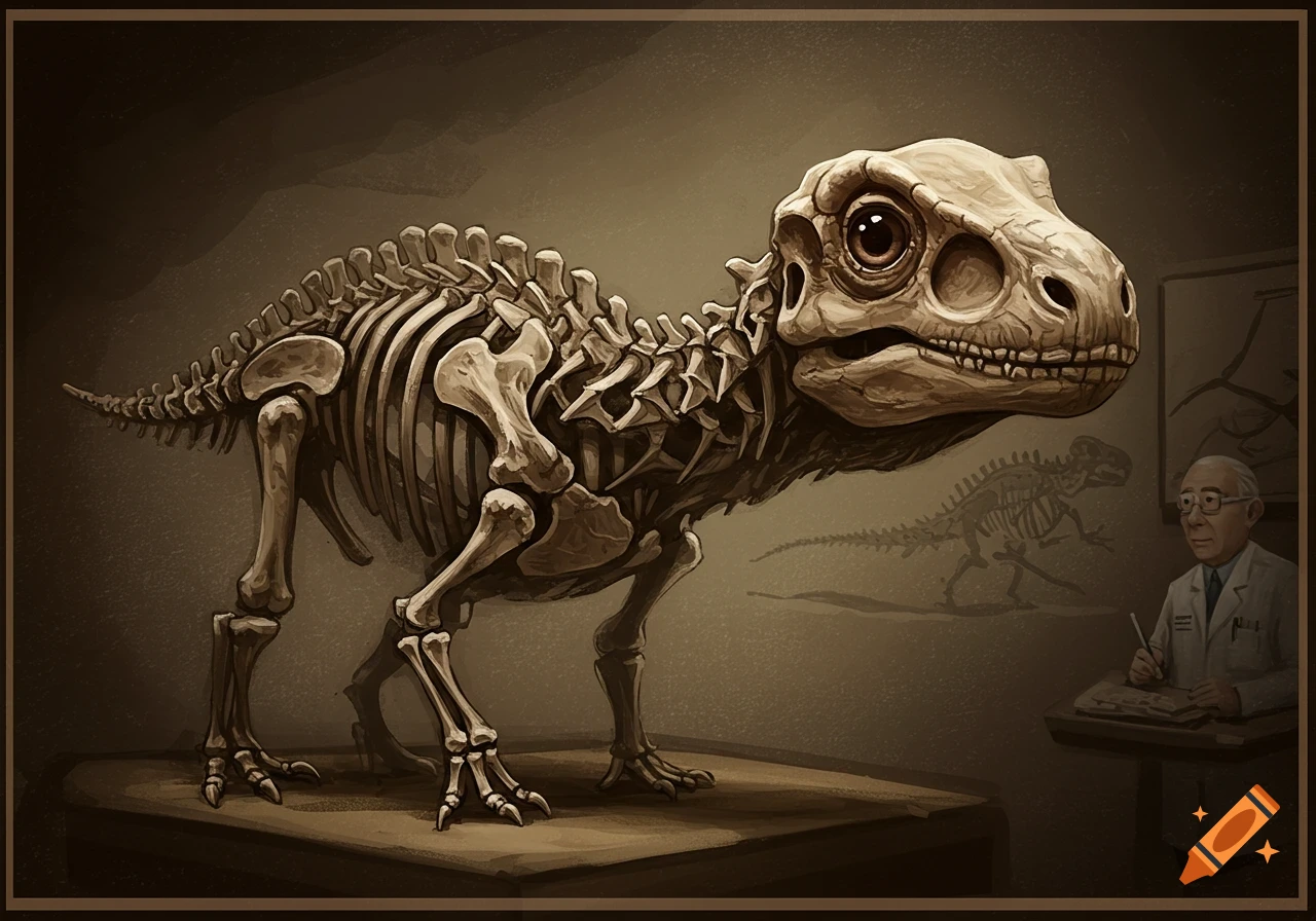 Illustration of a dinosaur skeleton display in a museum with a scientist examining notes in the background.