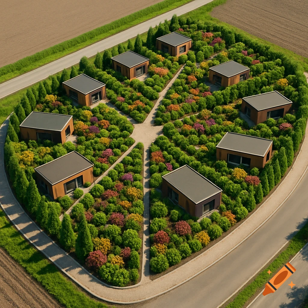 Aerial view of tear-shaped garden landscape with modern modular offices and lush plants