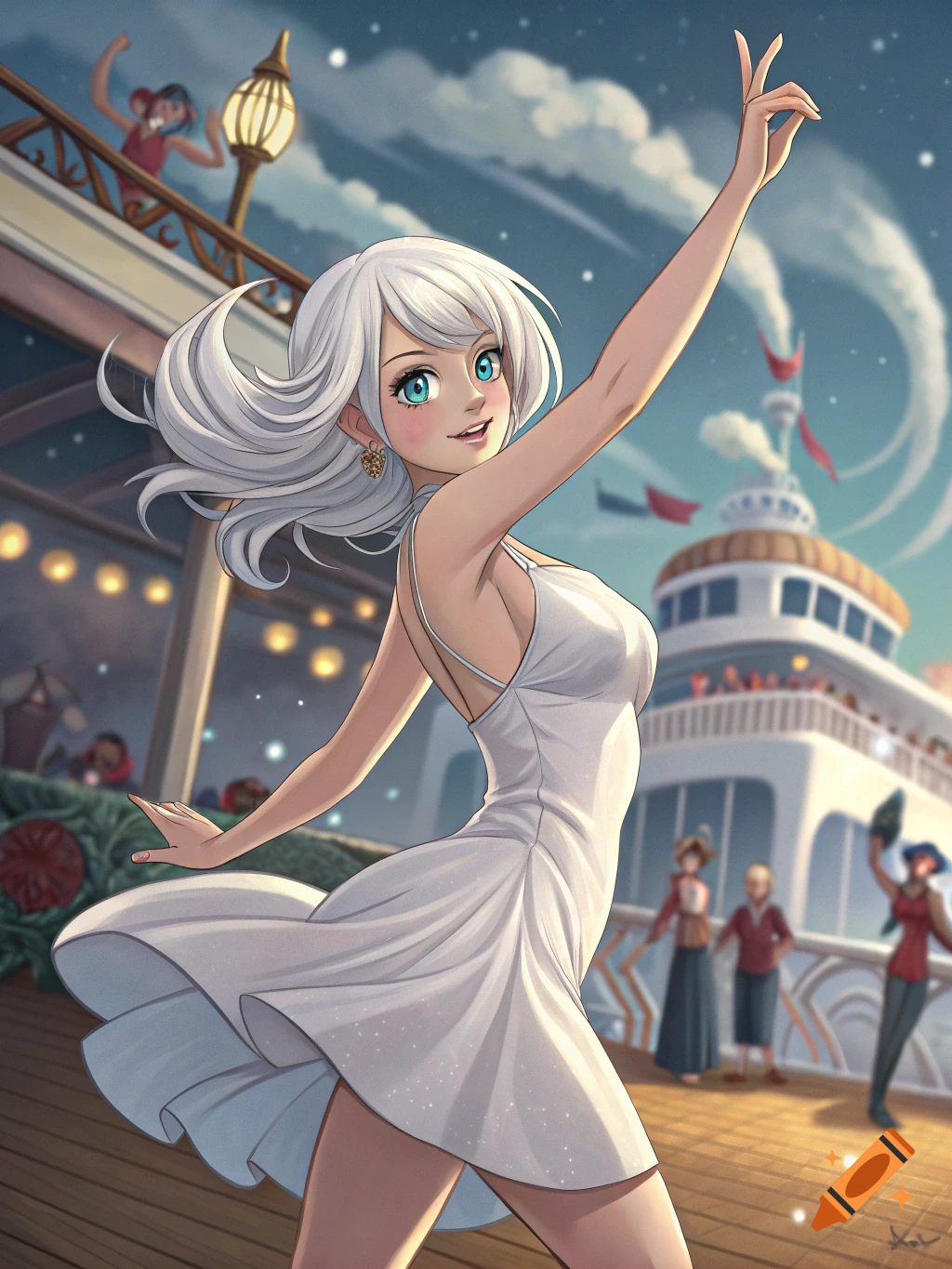 An anime girl with white hair and a white dress dances on a ship deck.