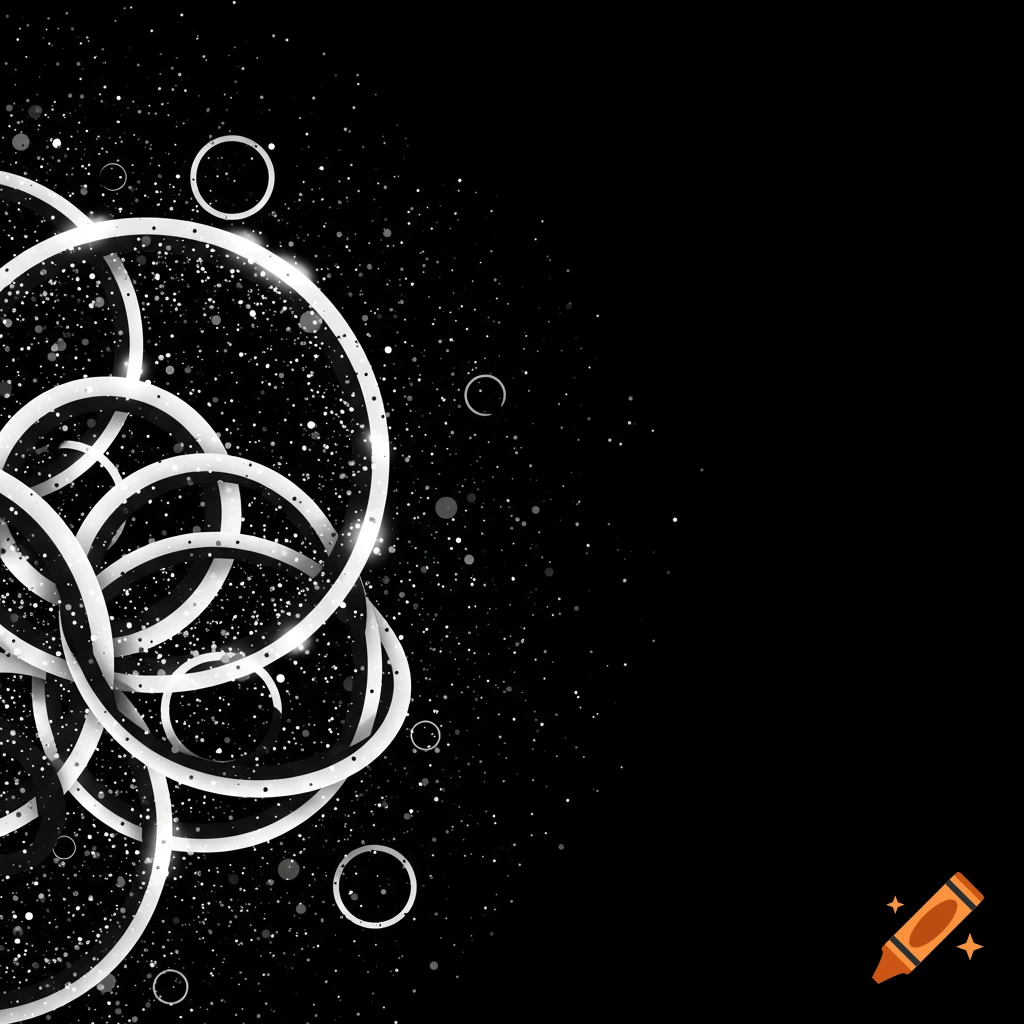 Overlapping white rings and sparkling particles on a black background.
