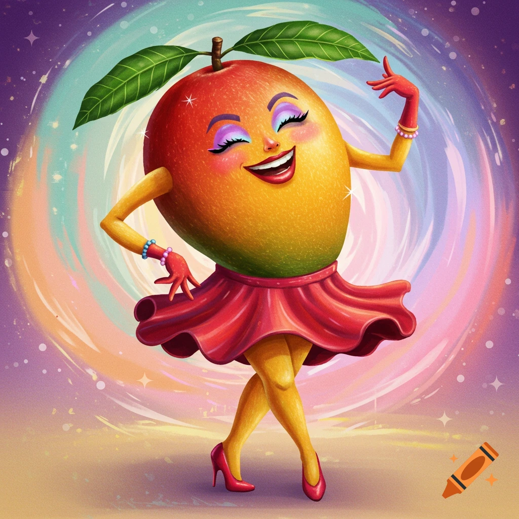 Anthropomorphic mango character wearing makeup and a red skirt, dancing.