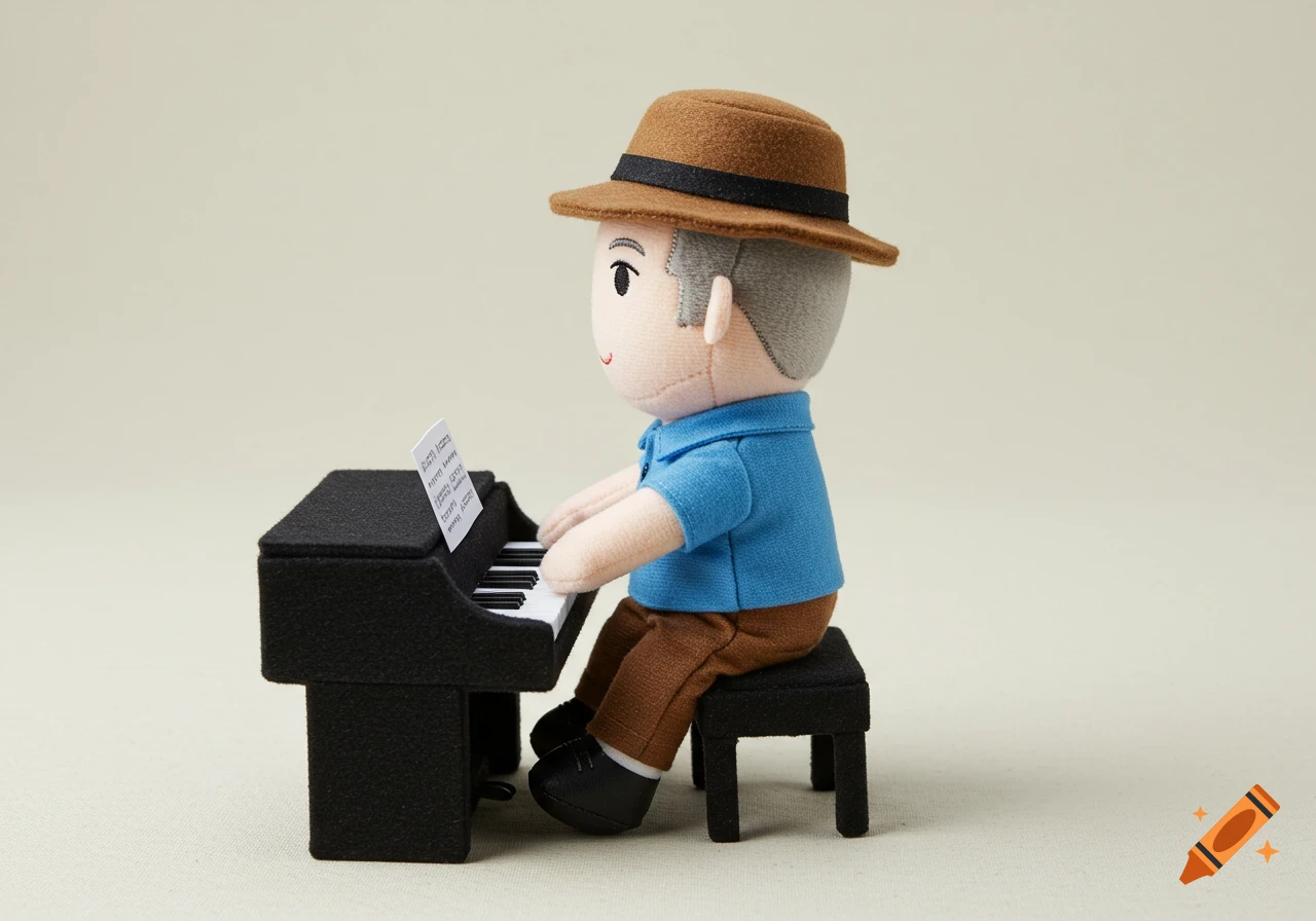A plush toy man in a hat plays a plush piano.