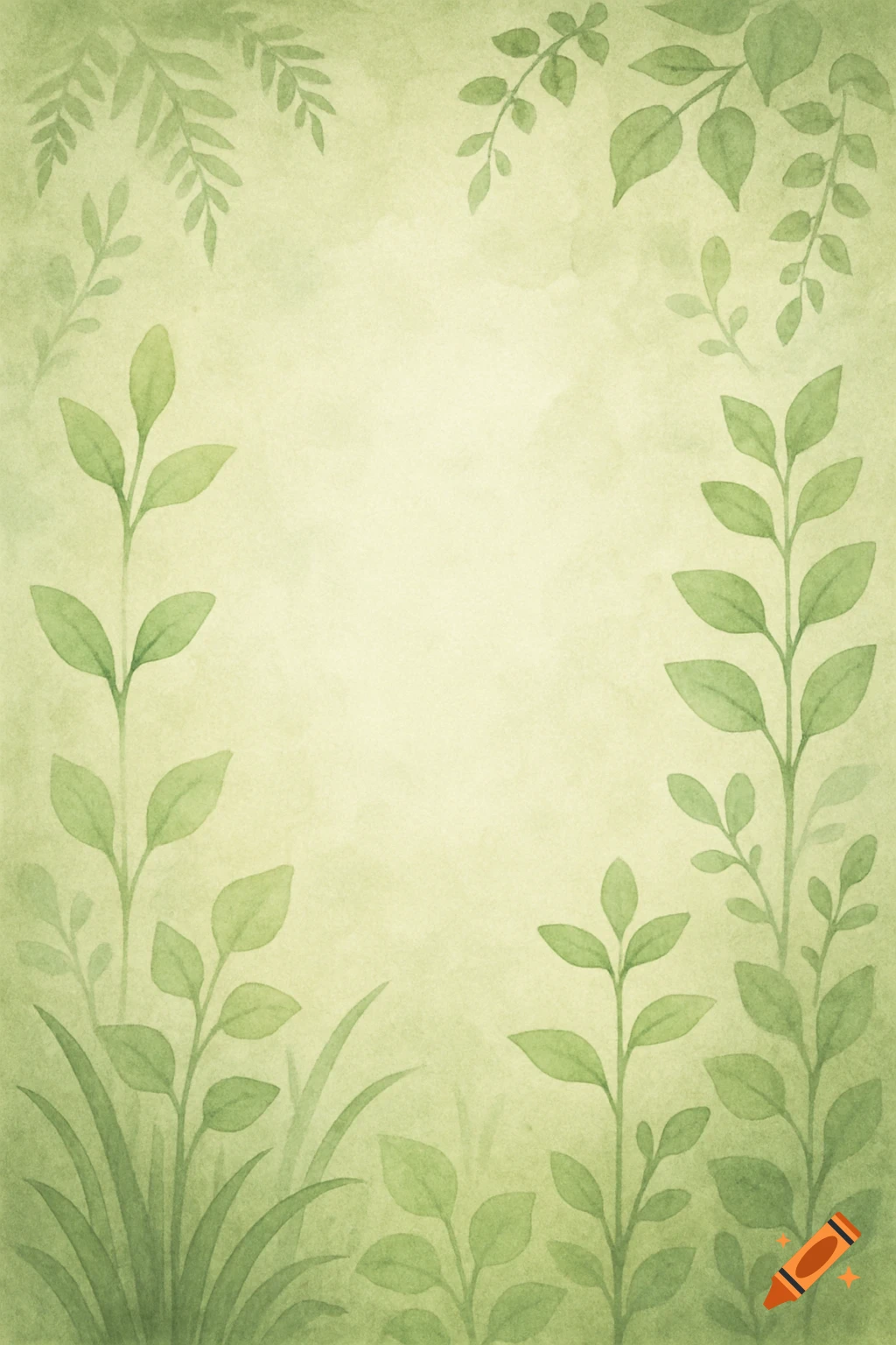Watercolor illustration of green plants and leaves framing a blank green background