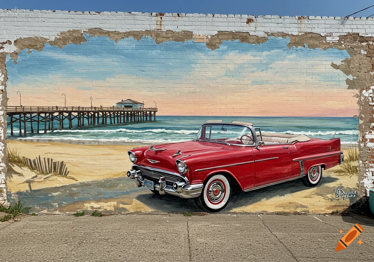 Mural painting on a brick wall shows a red convertible on a beach with a pier.