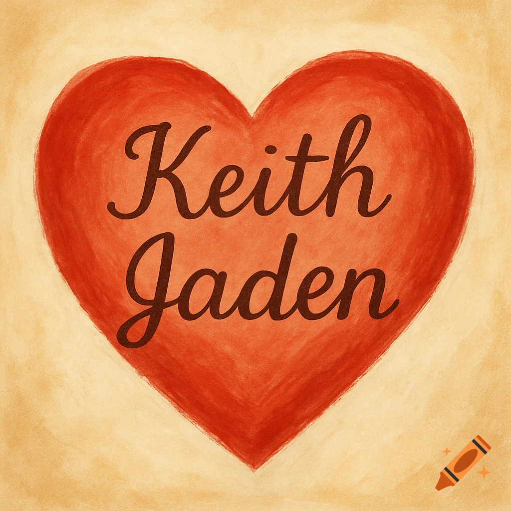 A painted red heart with the names Keith and Jaden written inside.
