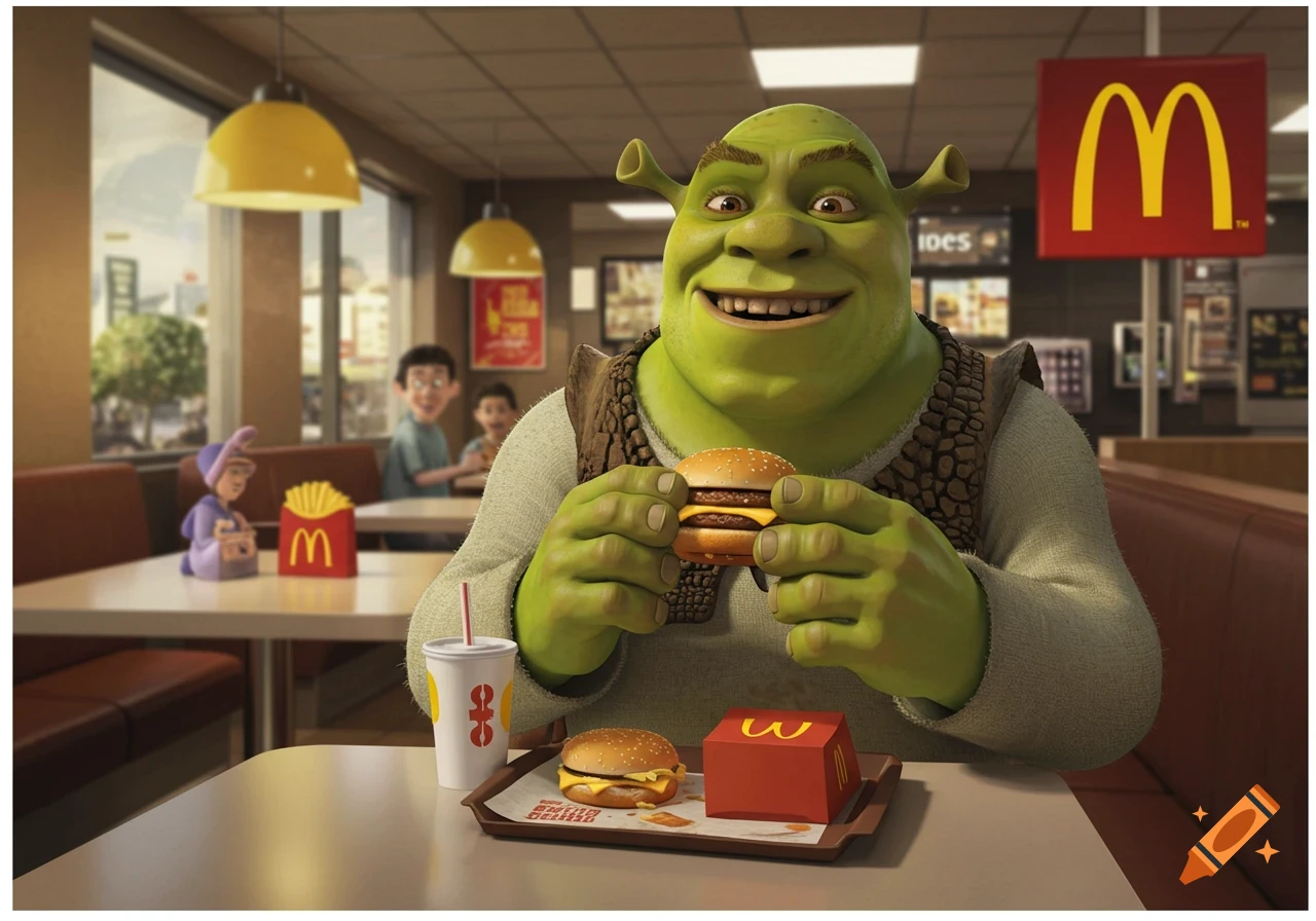 Shrek eating a burger at McDonald's restaurant