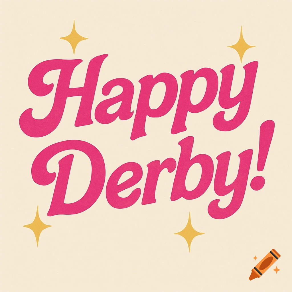 Pink text "Happy Derby!" with yellow sparkles on a cream background.