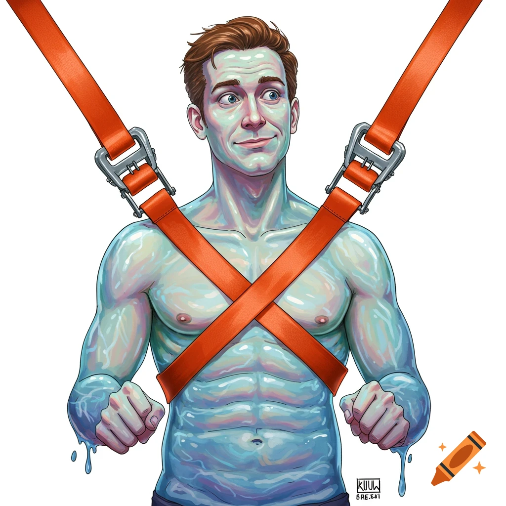 Illustration of a man with translucent watery skin strapped with orange belts