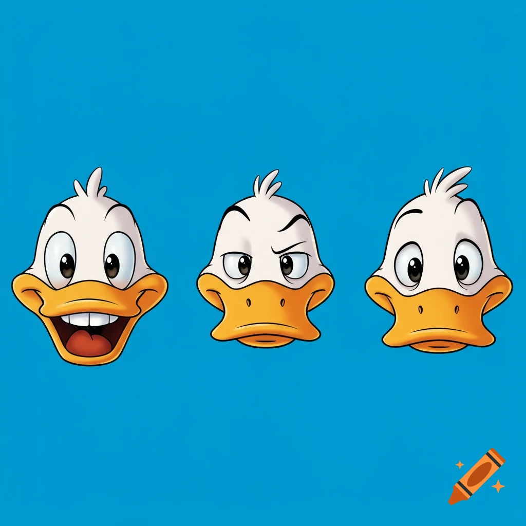 Three cartoon duck heads with different expressions against a blue background.