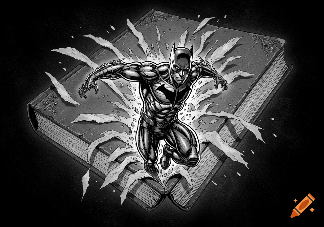 Monochrome comic illustration of Batman bursting out of a book