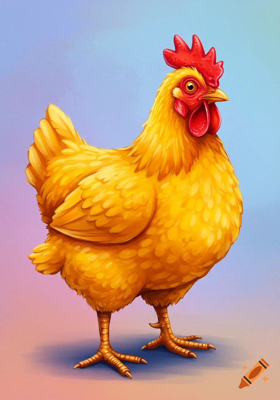 A yellow chicken standing against a gradient background.