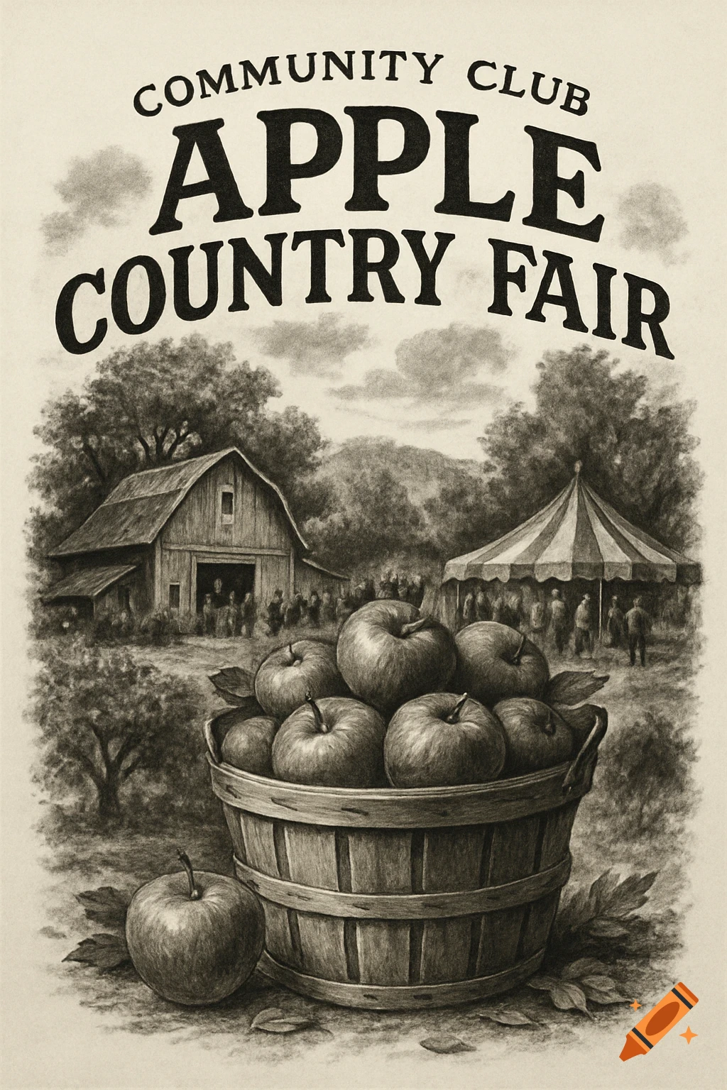 Black and white drawing of an apple fair scene with a basket of apples and text.
