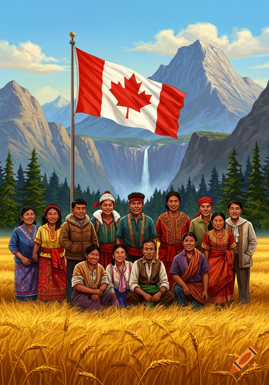 A diverse group of people stand and kneel in a wheat field below a large Canadian flag with mountains and a waterfall in the background.