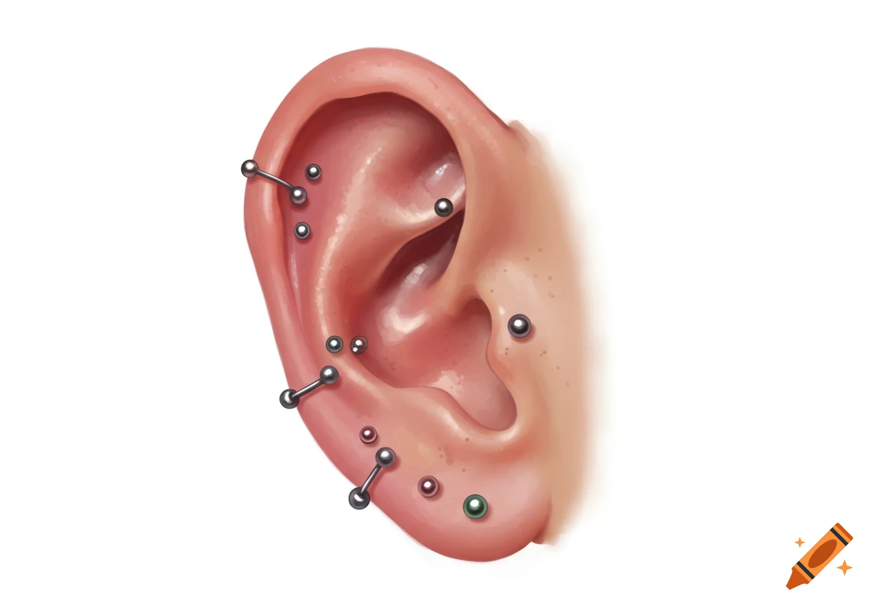Illustration of an ear with multiple cartilage and lobe piercings.