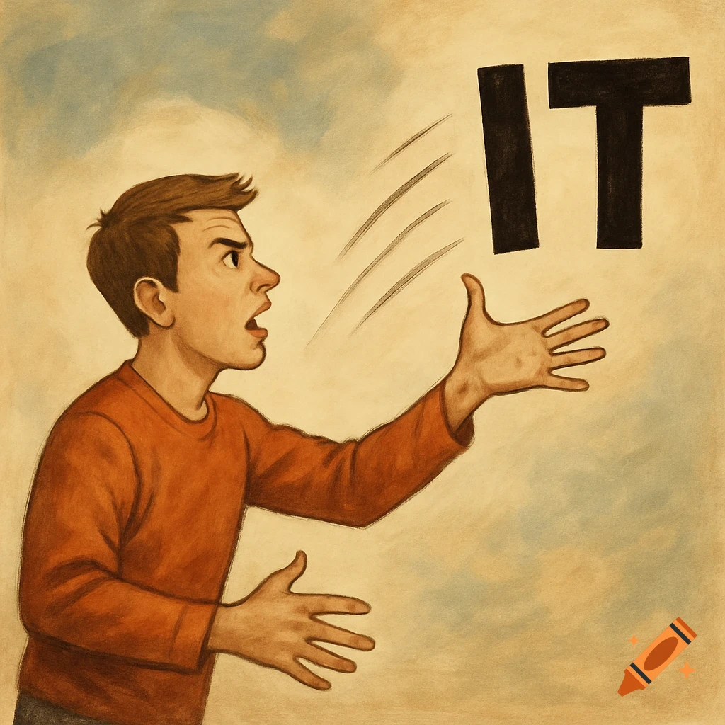 Illustration of a man throwing away the word 'IT' with an exasperated expression.