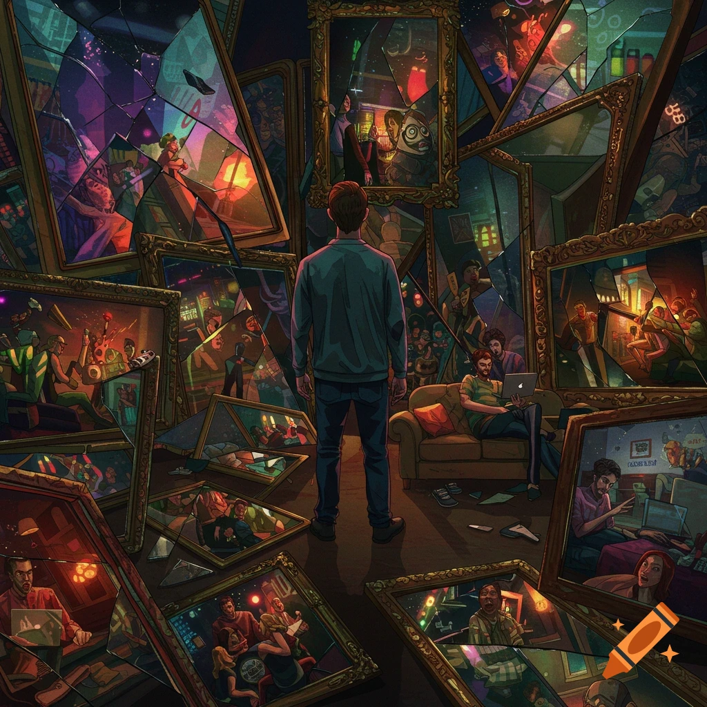 Illustration of a person looking at broken mirrors reflecting scenes of past life in a dark room.