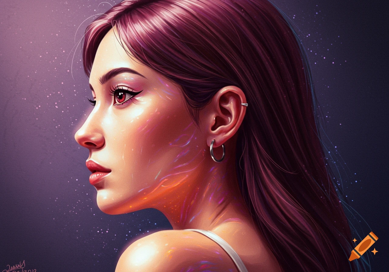 Side profile portrait of a woman with flowing hair and light effects ...
