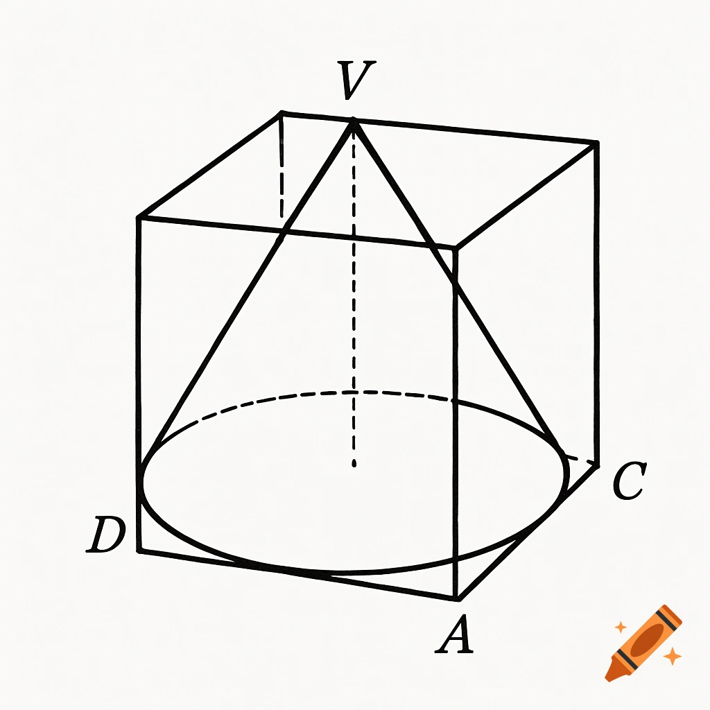 Black and white diagram of a cone inscribed within a square-based prism, labeled with points V, D, A, C.