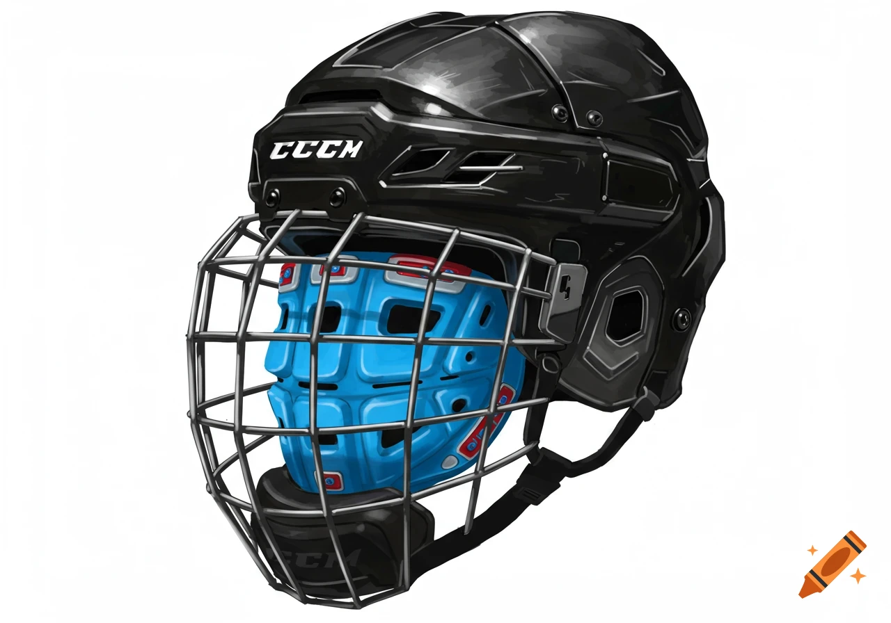 Black hockey helmet with wire cage and blue mask on white background.