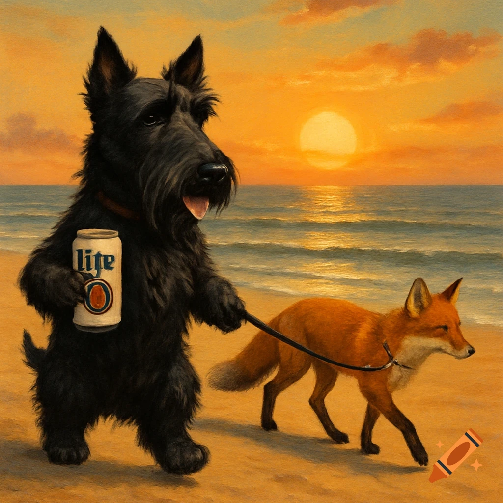 A black Scottish Terrier dog walks a fox on a leash on a beach at sunset, holding a can of 'lite' beer, in a painterly style.