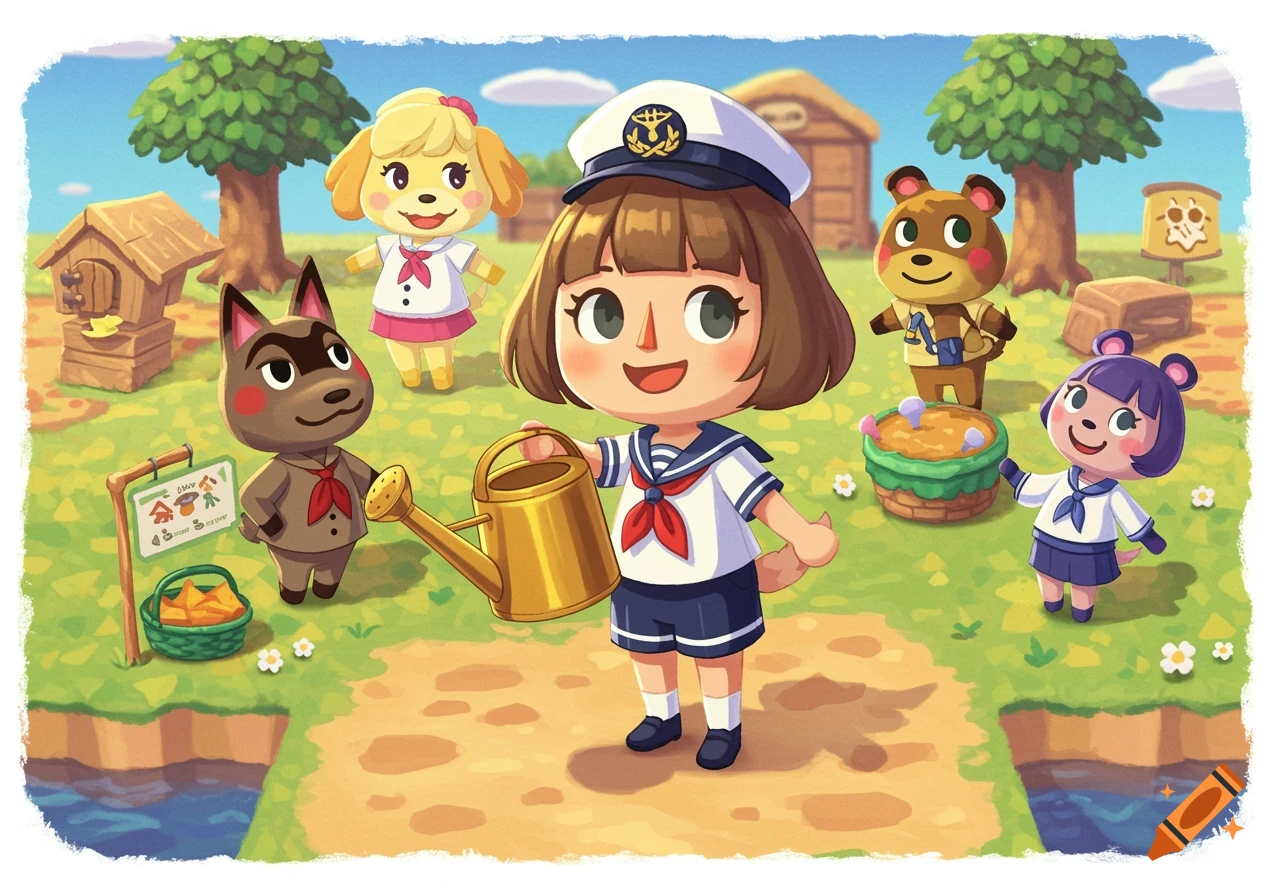 An illustration in Animal Crossing style of a human character in a sailor outfit with a watering can, surrounded by villagers like Isabelle on an island.