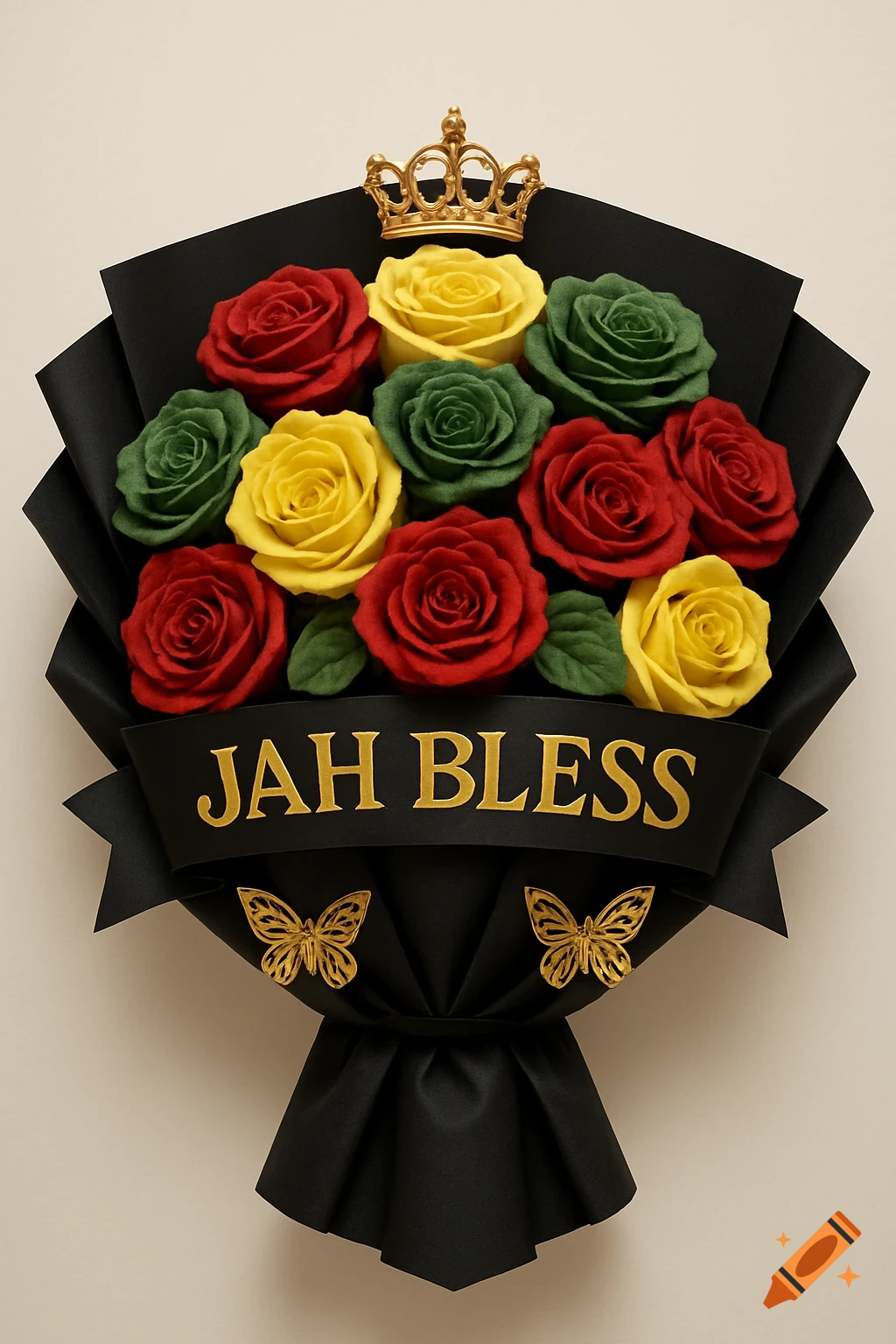 Bouquet of red, yellow, green roses wrapped in black paper with a gold crown, butterflies, and JAH BLESS text.