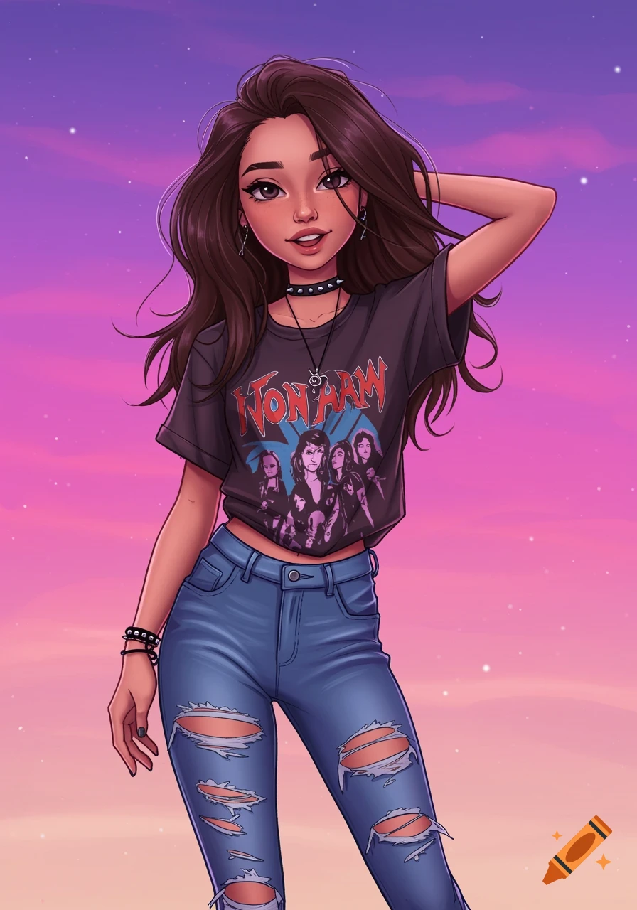 Illustration of a teenage girl in ripped jeans and a band t-shirt against a colorful sky.