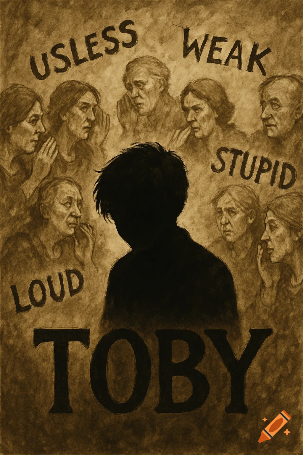 Sepia sketch of a shadowed figure surrounded by whispering faces and words like USLESS, WEAK, STUPID, LOUD, and TOBY.