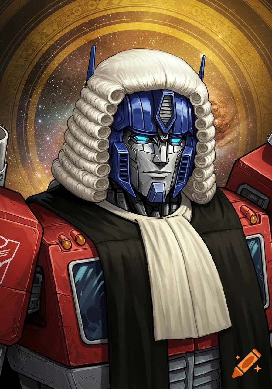 Optimus Prime wearing a judge's wig and robe against a space background, illustration style.