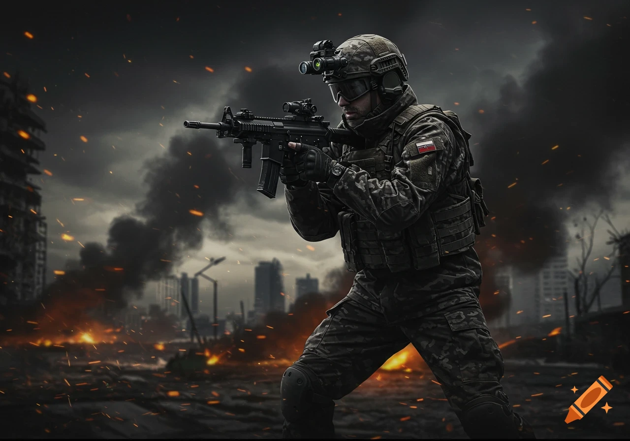 Soldier in tactical gear aims rifle in smoky, fiery ruined city.