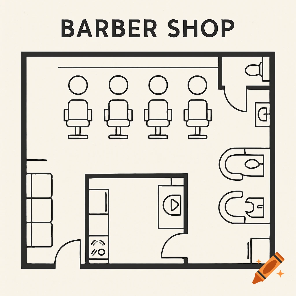 Line drawing floor plan of a barber shop.