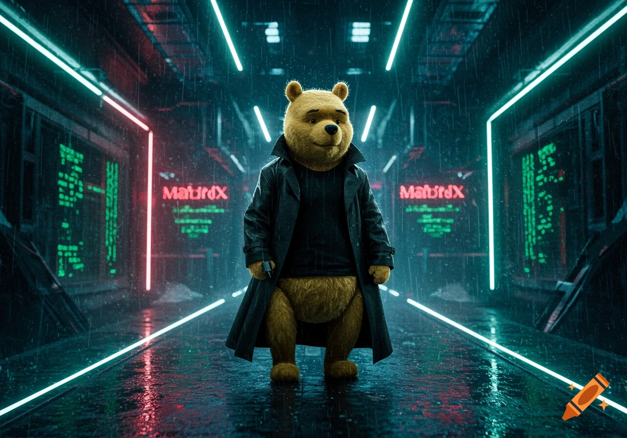 Winnie the Pooh stands in a rainy cyberpunk street wearing a black trench coat
